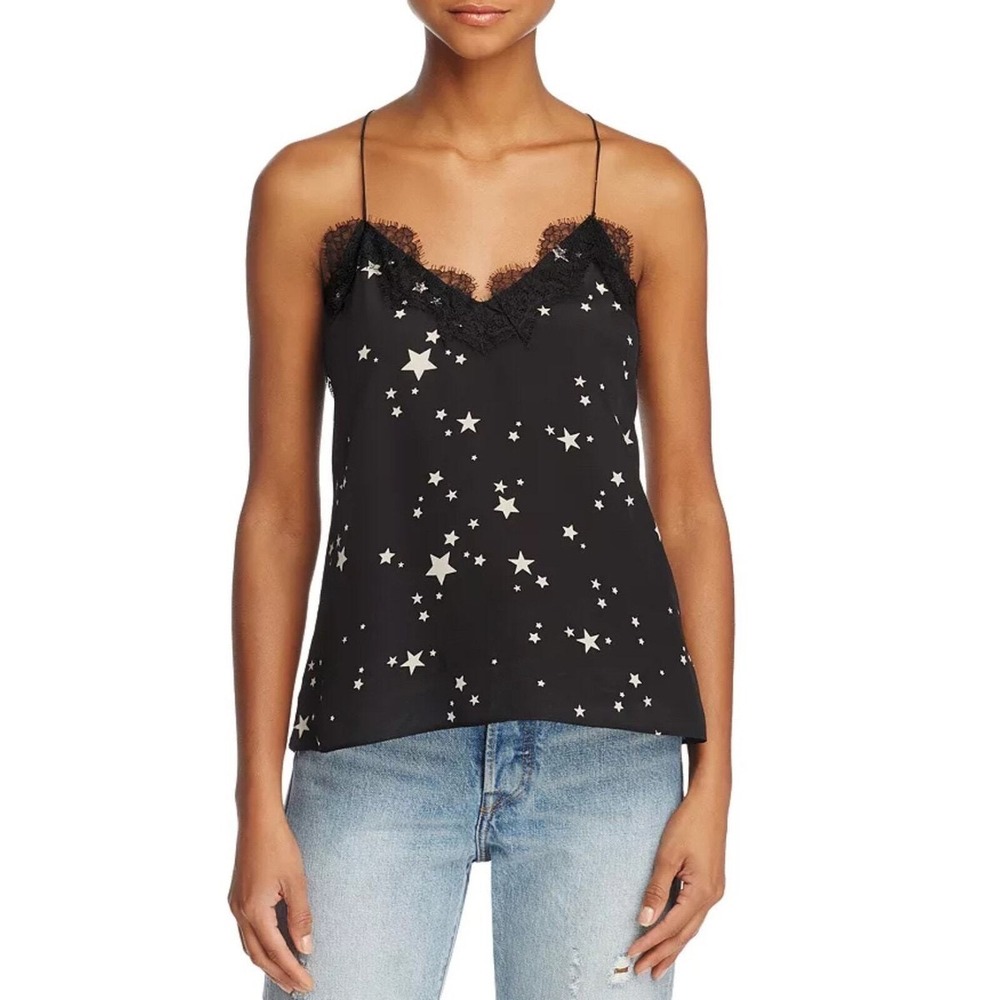 CAMI NYC Black White The Racer Silk Star Print Lace Trim Camisole Top‎ Size M